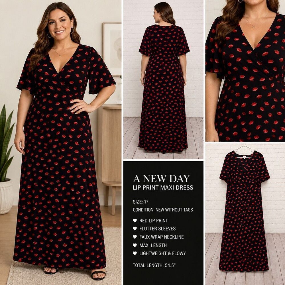 A New Day Lip Print Maxi Dress Size 17 Style NWOT